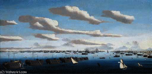 Wikioo.org - The Encyclopedia of Fine Arts - Painting, Artwork by Ambroise Louis Garneray - A panorama of portsmouth harbour with hulks in line ahead and the fleet at anchor, including warships of the american and spanish navies
