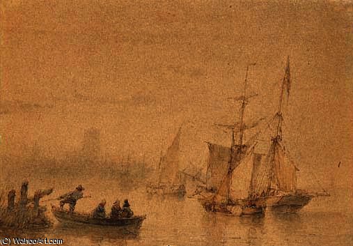 WikiOO.org - Enciclopédia das Belas Artes - Pintura, Arte por Andreas Schelfhout - Marina with ferry sailing ships and signed