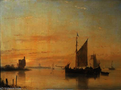 Wikioo.org - The Encyclopedia of Fine Arts - Painting, Artwork by Andreas Schelfhout - Sailing vessels at anchor on the merwede river with dordrecht beyond