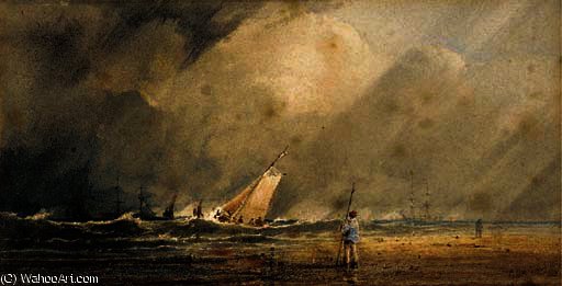 Wikioo.org - สารานุกรมวิจิตรศิลป์ - จิตรกรรม Anthony Vandyke Copley Fielding - A figure standing on a beach with shipping beyond