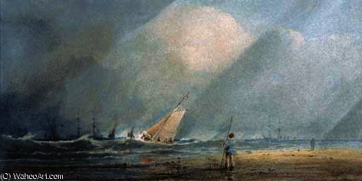 Wikioo.org - The Encyclopedia of Fine Arts - Painting, Artwork by Anthony Vandyke Copley Fielding - A fishing vessel heading out to sea in a squall