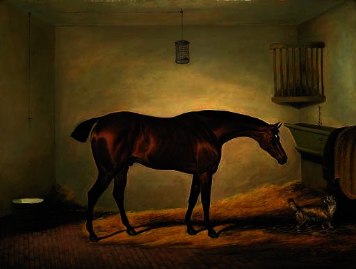 Wikioo.org - The Encyclopedia of Fine Arts - Painting, Artwork by David Of York Dalby - President, a bay hunter with a dog in a stable