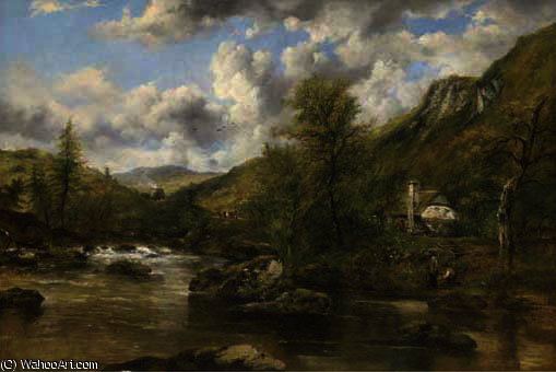 Wikioo.org - The Encyclopedia of Fine Arts - Painting, Artwork by Frederick Waters (William) Watts - Anglers beside a cottage in a wooded river landcape
