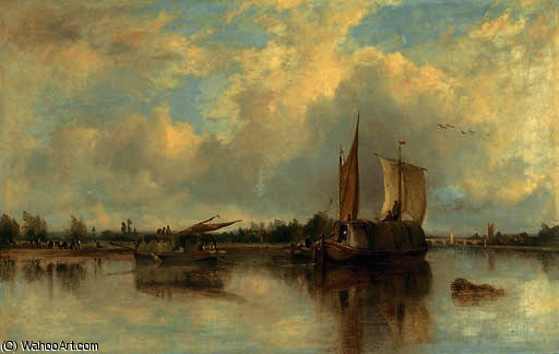 Wikioo.org - The Encyclopedia of Fine Arts - Painting, Artwork by Frederick Waters (William) Watts - View of barges on the thames with henley beyond