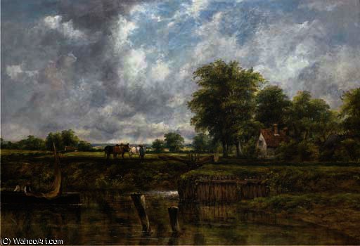 Wikioo.org - The Encyclopedia of Fine Arts - Painting, Artwork by Frederick Waters (William) Watts - Wooded river landscape, with a cottage by a lock, a barge, and a figure with horses on the towpath