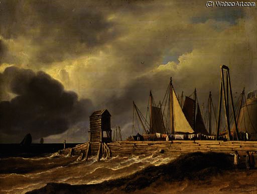 Wikioo.org - The Encyclopedia of Fine Arts - Painting, Artwork by James Arthur O Connor - A pier in choppy seas with figures in the foreground and sailing boats beyond, traditionally described as 'the old fish market at brighton'