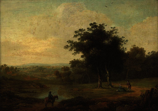 Wikioo.org - The Encyclopedia of Fine Arts - Painting, Artwork by James Arthur O Connor - A wooded river landscape with figures conversing on a path