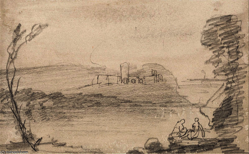 Wikioo.org - The Encyclopedia of Fine Arts - Painting, Artwork by John Sell Cotman - Ruin on a Lake, in the Manner of Richard Wilson
