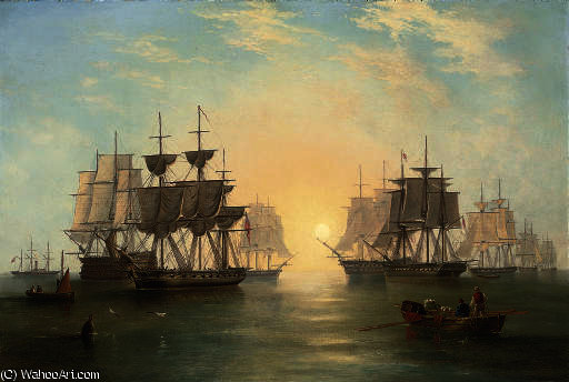 WikiOO.org - Enciklopedija dailės - Tapyba, meno kuriniai John Wilson Carmichael - The fleet at anchor in an evening calm