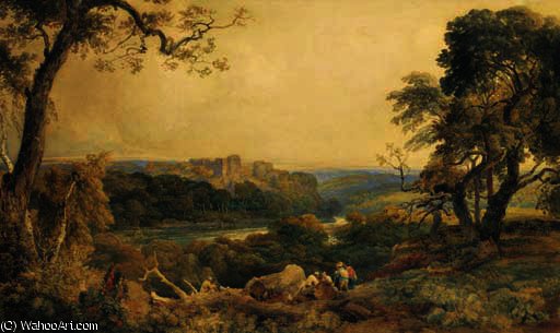 Wikioo.org - The Encyclopedia of Fine Arts - Painting, Artwork by Peter De Wint - A distant view of barden tower with wood cutters and travellers in the foreground