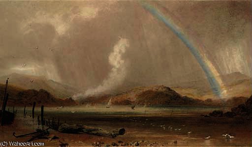 Wikioo.org - The Encyclopedia of Fine Arts - Painting, Artwork by Peter De Wint - A rainbow over a welsh estuary, a squall approaching