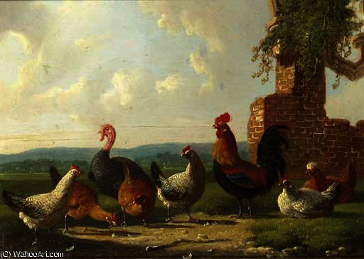 Wikioo.org - The Encyclopedia of Fine Arts - Painting, Artwork by Albertus Verhoesen - A rooster, chickens and a turkey by a ruin