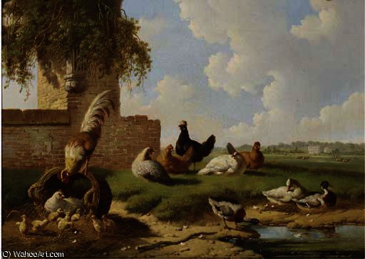 Wikioo.org - The Encyclopedia of Fine Arts - Painting, Artwork by Albertus Verhoesen - Poultry by a ruin, a country house in the distance