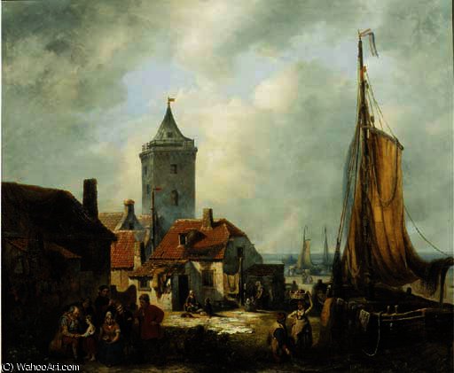Wikioo.org - The Encyclopedia of Fine Arts - Painting, Artwork by Antoine De Saaijer Waldorp - Daily activities in a fisher village