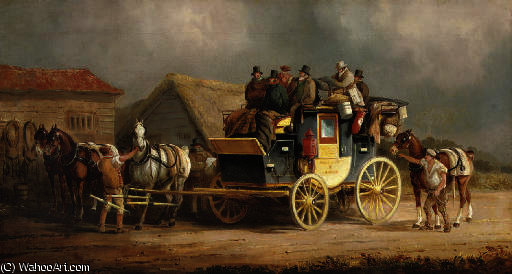 WikiOO.org - Encyclopedia of Fine Arts - Maleri, Artwork Charles Cooper Henderson - The worcester to london coach changing horses