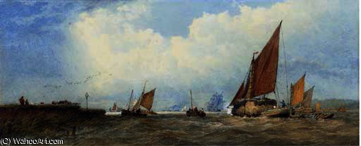 Wikioo.org - The Encyclopedia of Fine Arts - Painting, Artwork by Edward Duncan - A view on the thames with a haybarge and boats