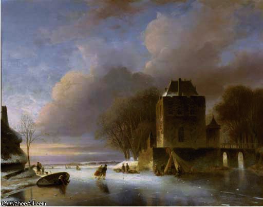 Wikioo.org - The Encyclopedia of Fine Arts - Painting, Artwork by Nicolaas Johannes Roosenboom - Skaters on a frozen river with a koek en zopie by a mansion