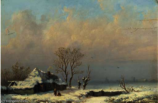 Wikioo.org - The Encyclopedia of Fine Arts - Painting, Artwork by Anthonie Jacobus Van Wijngaerdt - A farmhouse in the snow