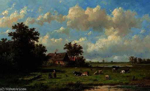 Wikioo.org - The Encyclopedia of Fine Arts - Painting, Artwork by Anthonie Jacobus Van Wijngaerdt - Cattle in a sunlit meadow