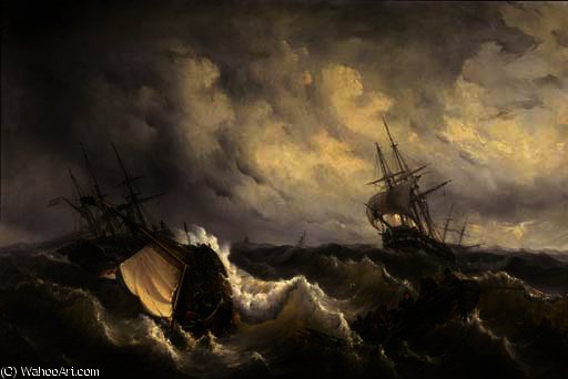 Wikioo.org - The Encyclopedia of Fine Arts - Painting, Artwork by George Willem Opdenhoff - A fishing trawler at sea as a storm approaches, other shipping beyond