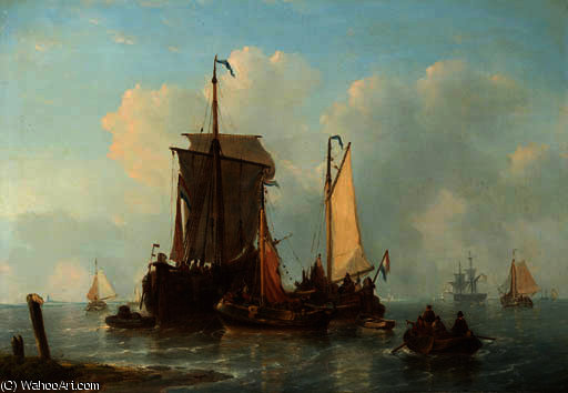 Wikioo.org - The Encyclopedia of Fine Arts - Painting, Artwork by George Willem Opdenhoff - A vis hoeker and other dutch fishing ships riding at anchor