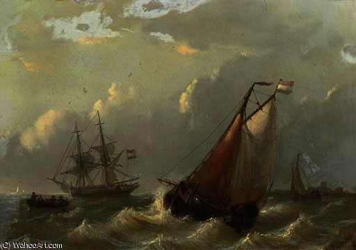 Wikioo.org - Bách khoa toàn thư về mỹ thuật - Vẽ tranh, Tác phẩm nghệ thuật George Willem Opdenhoff - Dutch vessels on choppy waters by a coast