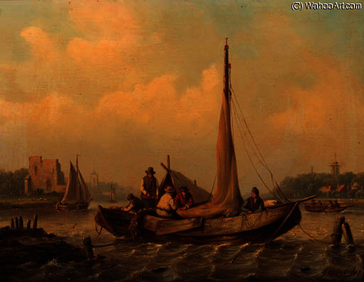 WikiOO.org - Encyclopedia of Fine Arts - Malba, Artwork George Willem Opdenhoff - Sailors in moored barges on a river estuary