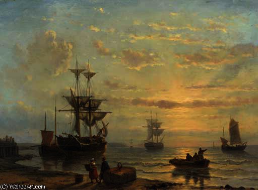 Wikioo.org - The Encyclopedia of Fine Arts - Painting, Artwork by George Willem Opdenhoff - Shipping in a quiet bay at sunset