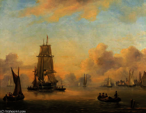 WikiOO.org - Encyclopedia of Fine Arts - Festés, Grafika Govert Van Emmerik - A two-master in a calm, a harbour beyond