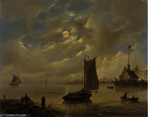 Wikioo.org - The Encyclopedia of Fine Arts - Painting, Artwork by Govert Van Emmerik - Approaching a harbour town by moonlight