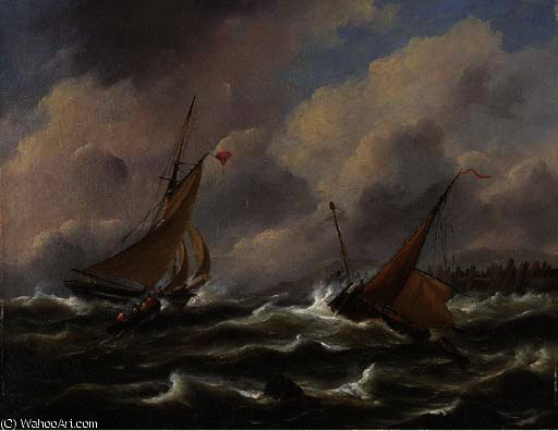 Wikioo.org - The Encyclopedia of Fine Arts - Painting, Artwork by Govert Van Emmerik - Dutch fishing vessels off a jetty in stormy seas