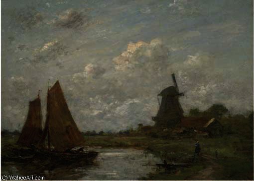 WikiOO.org - Encyclopedia of Fine Arts - Maleri, Artwork Jacob Henricus Maris - Setting sail beside a windmill