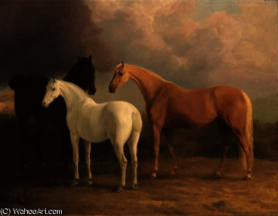 Wikioo.org - The Encyclopedia of Fine Arts - Painting, Artwork by Sawrey Gilpin - A bay hunter, a palomino and a grey pony, in a landscape