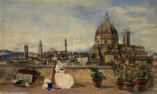 Wikioo.org - สารานุกรมวิจิตรศิลป์ - จิตรกรรม Thomas Hartley Cromek - The artist's wife admiring the skyline of florence with the bargello