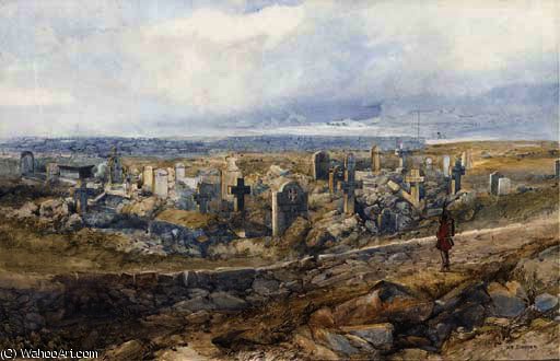 Wikioo.org - The Encyclopedia of Fine Arts - Painting, Artwork by William Simpson - The graves on cathcart's hill of the officers of the fourth division who fell at inkerman