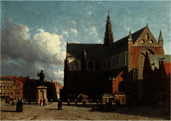 Wikioo.org - The Encyclopedia of Fine Arts - Painting, Artwork by Jan Weissenbruch - A view of the grote markt with the sint bavo cathedral, haarlem