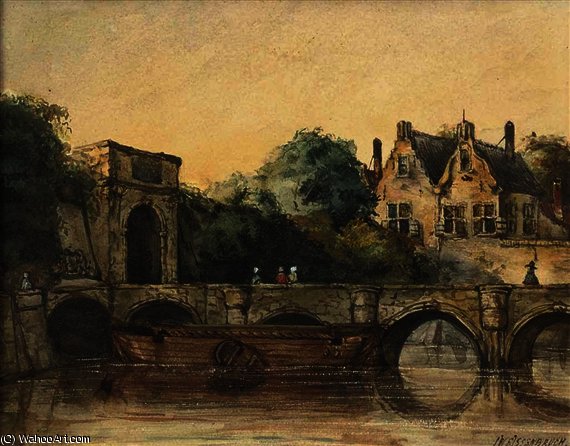 Wikioo.org - The Encyclopedia of Fine Arts - Painting, Artwork by Jan Weissenbruch - A walk on a bridge in ghent