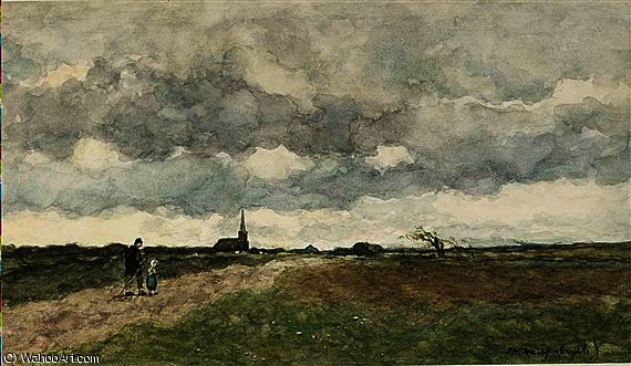 Wikioo.org - The Encyclopedia of Fine Arts - Painting, Artwork by Jan Weissenbruch - Figures on a country road, a church in the distance