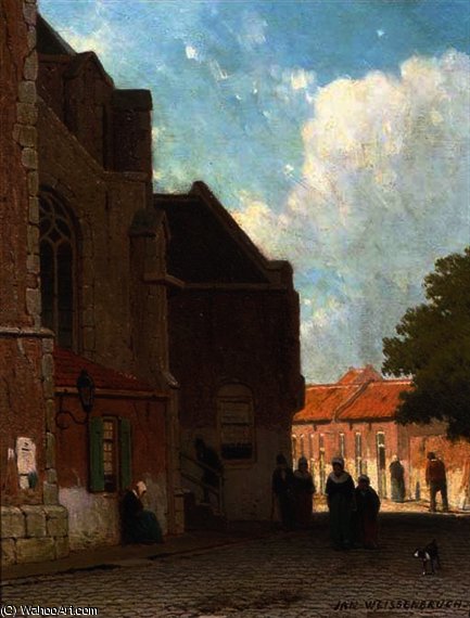 Wikioo.org - The Encyclopedia of Fine Arts - Painting, Artwork by Jan Weissenbruch - Villagers on a street by a church