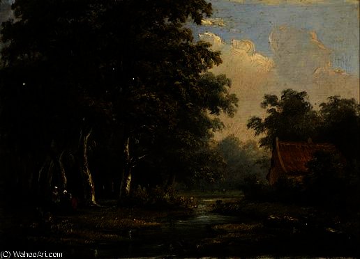 WikiOO.org - Εγκυκλοπαίδεια Καλών Τεχνών - Ζωγραφική, έργα τέχνης Johannes Warnardus Bilders - Figures near a house next to a ditch