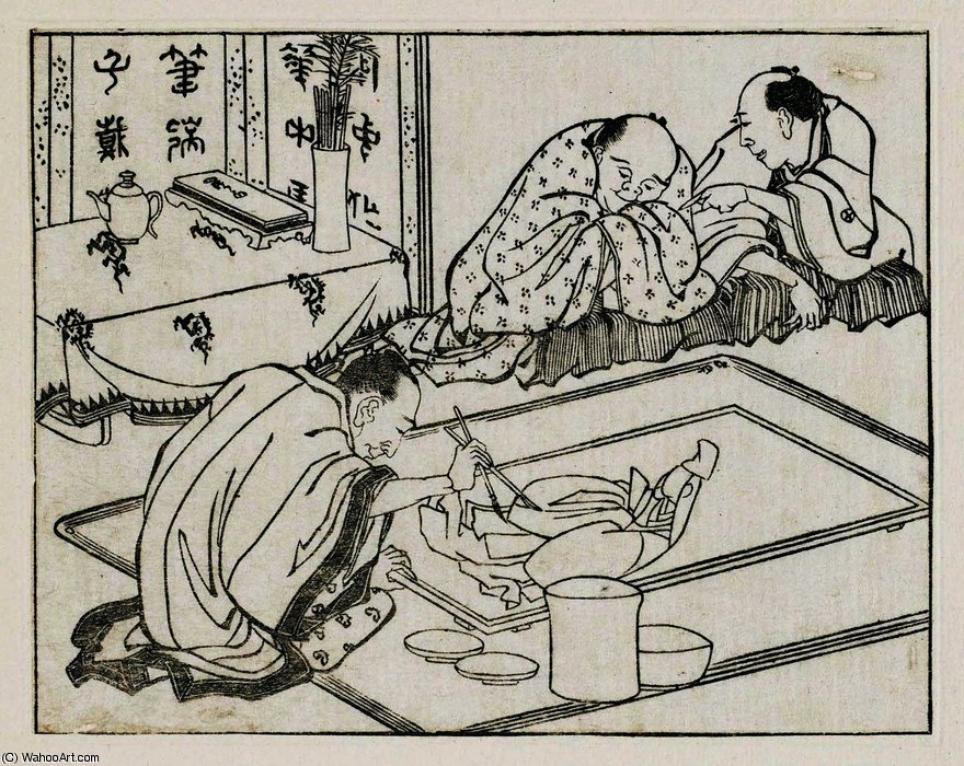 Wikioo.org - สารานุกรมวิจิตรศิลป์ - จิตรกรรม Katsushika Hokusai - Sculptors working at a huge wooden lion
