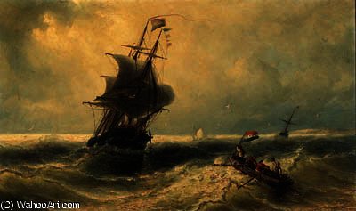 Wikioo.org - สารานุกรมวิจิตรศิลป์ - จิตรกรรม Nicolaas Riegen - Sailors in a rowing-boat approaching a dutch three-master in a swell