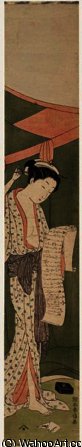 Wikioo.org - The Encyclopedia of Fine Arts - Painting, Artwork by Suzuki Harunobu - A Beauty Reading a Letter Outside Mosquito Netting