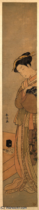 WikiOO.org - Encyclopedia of Fine Arts - Lukisan, Artwork Suzuki Harunobu - An Oiran Holding a Black Dog