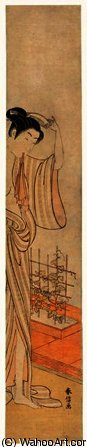 WikiOO.org - Enciklopedija likovnih umjetnosti - Slikarstvo, umjetnička djela Suzuki Harunobu - Beauty by a Pot of Morning Glories