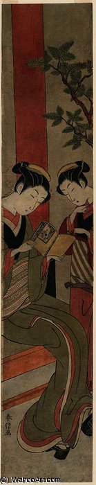 Wikioo.org - The Encyclopedia of Fine Arts - Painting, Artwork by Suzuki Harunobu - Osen and an Assistant Reading a Novelette