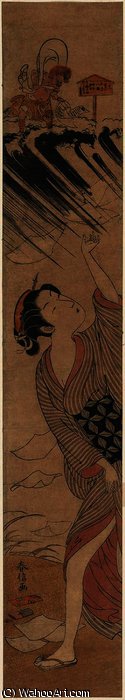 WikiOO.org - Enciclopédia das Belas Artes - Pintura, Arte por Suzuki Harunobu - The Wind God Blowing Gusts at a Young Woman