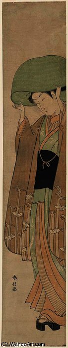 WikiOO.org - Encyclopedia of Fine Arts - Maalaus, taideteos Suzuki Harunobu - Woman Putting on a Large Basket Hat