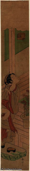 WikiOO.org - دایره المعارف هنرهای زیبا - نقاشی، آثار هنری Suzuki Harunobu - Woman with Fan Seated on a Veranda