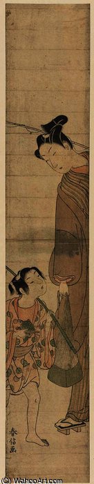 Wikioo.org - The Encyclopedia of Fine Arts - Painting, Artwork by Suzuki Harunobu - Young Man and Boy Returning from a Fishing Trip